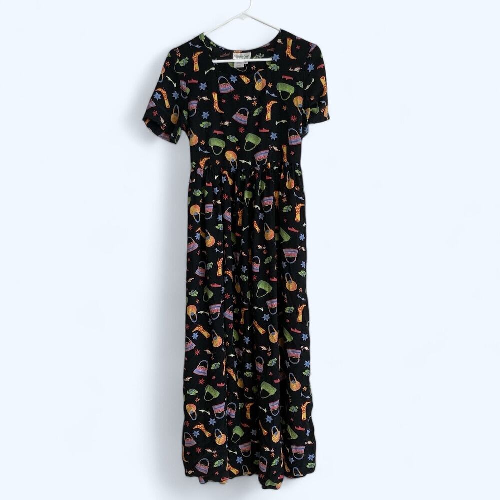 Vintage Y2K Coldwater Creek Black A-Line Dress Whimsical Print Sz Small Rayon - Picture 2 of 16